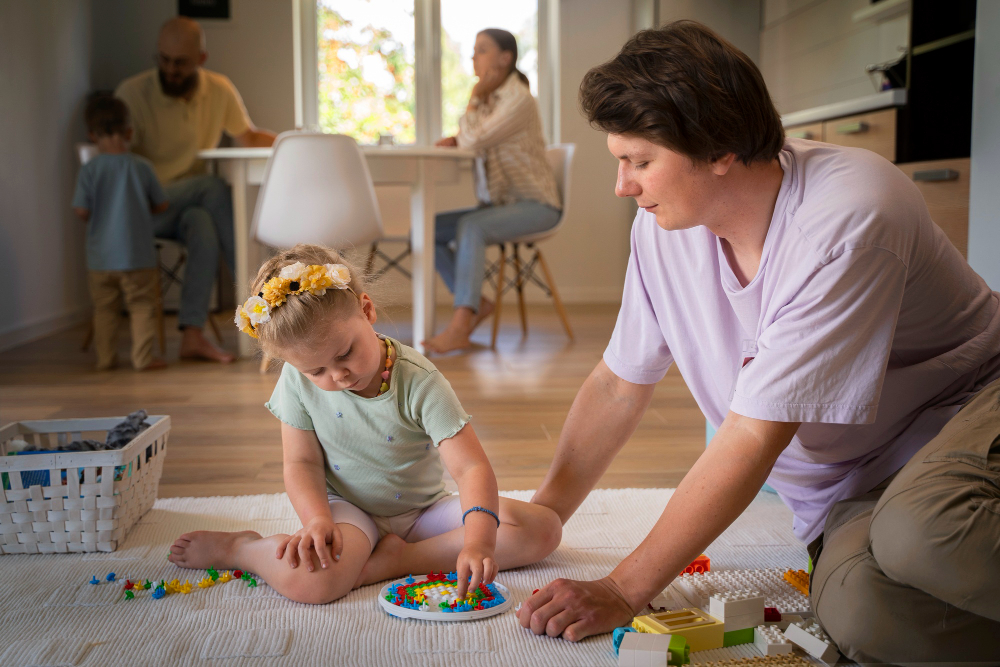 a teacher play with a baby in a home based childcare