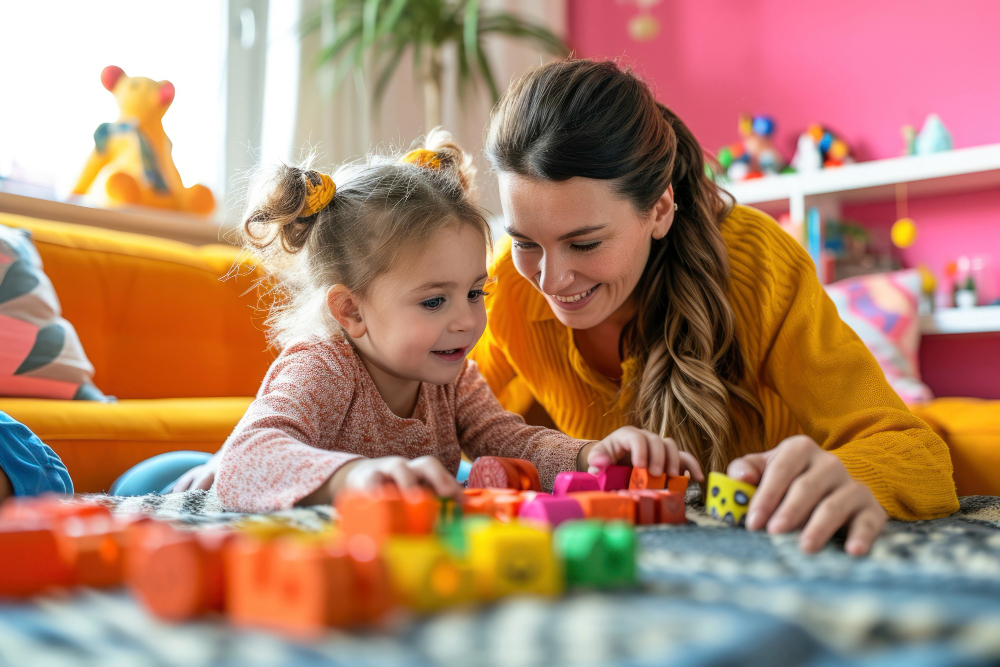 a teacher teaching a girl in a home based childcare.