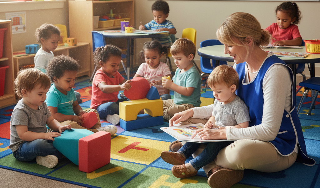 Teacher reading to a group of young children in a colourful early learning classroom, illustrating the benefits of quality childcare and childcare subsidy support.