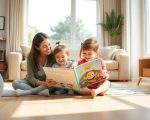 Home-based educator reading with two preschool children in a bright Auckland living room