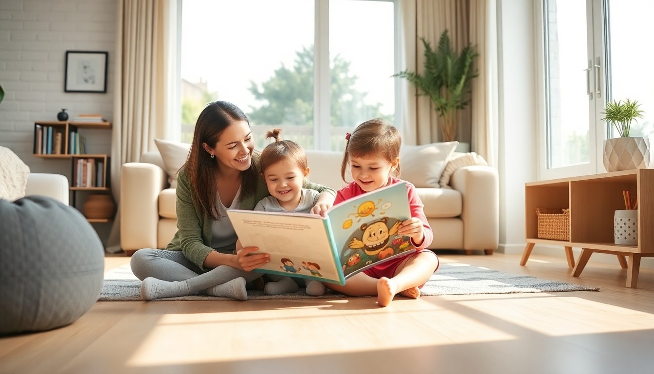 Home-based educator reading with two preschool children in a bright Auckland living room