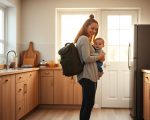 Mother preparing for work in an Auckland home while holding her toddler