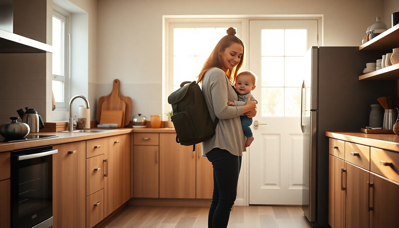 Mother preparing for work in an Auckland home while holding her toddler