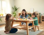 Home-based educator doing arts and crafts with preschoolers in an Auckland home