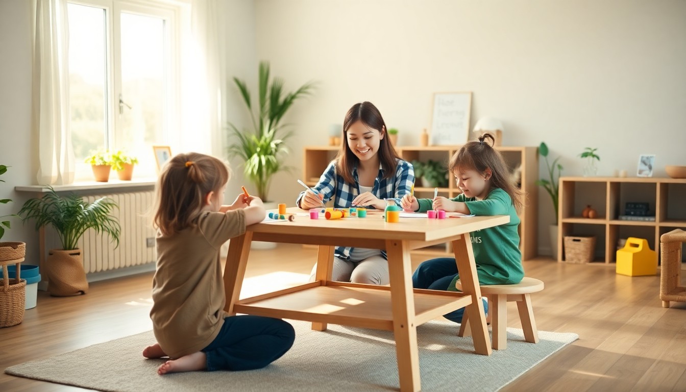 Home-based educator doing arts and crafts with preschoolers in an Auckland home