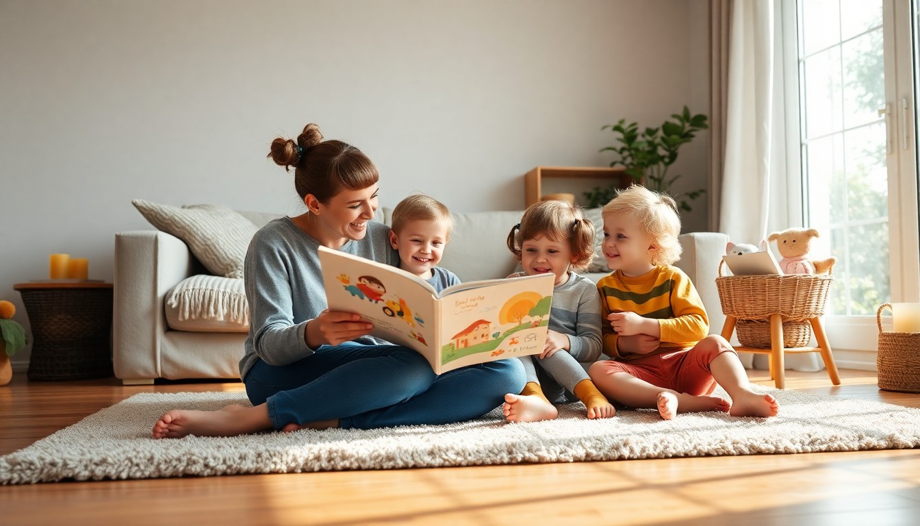 Home-based educator reading to toddlers, illustrating affordable early learning supported by the childcare subsidy, 20 Hours ECE and FamilyBoost
